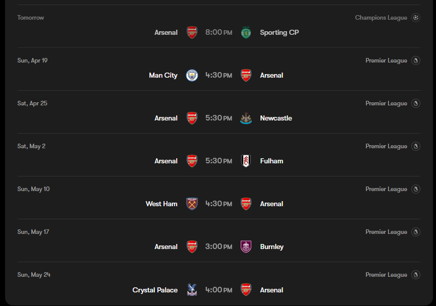 Arsenal fixture list Champions League Premier League